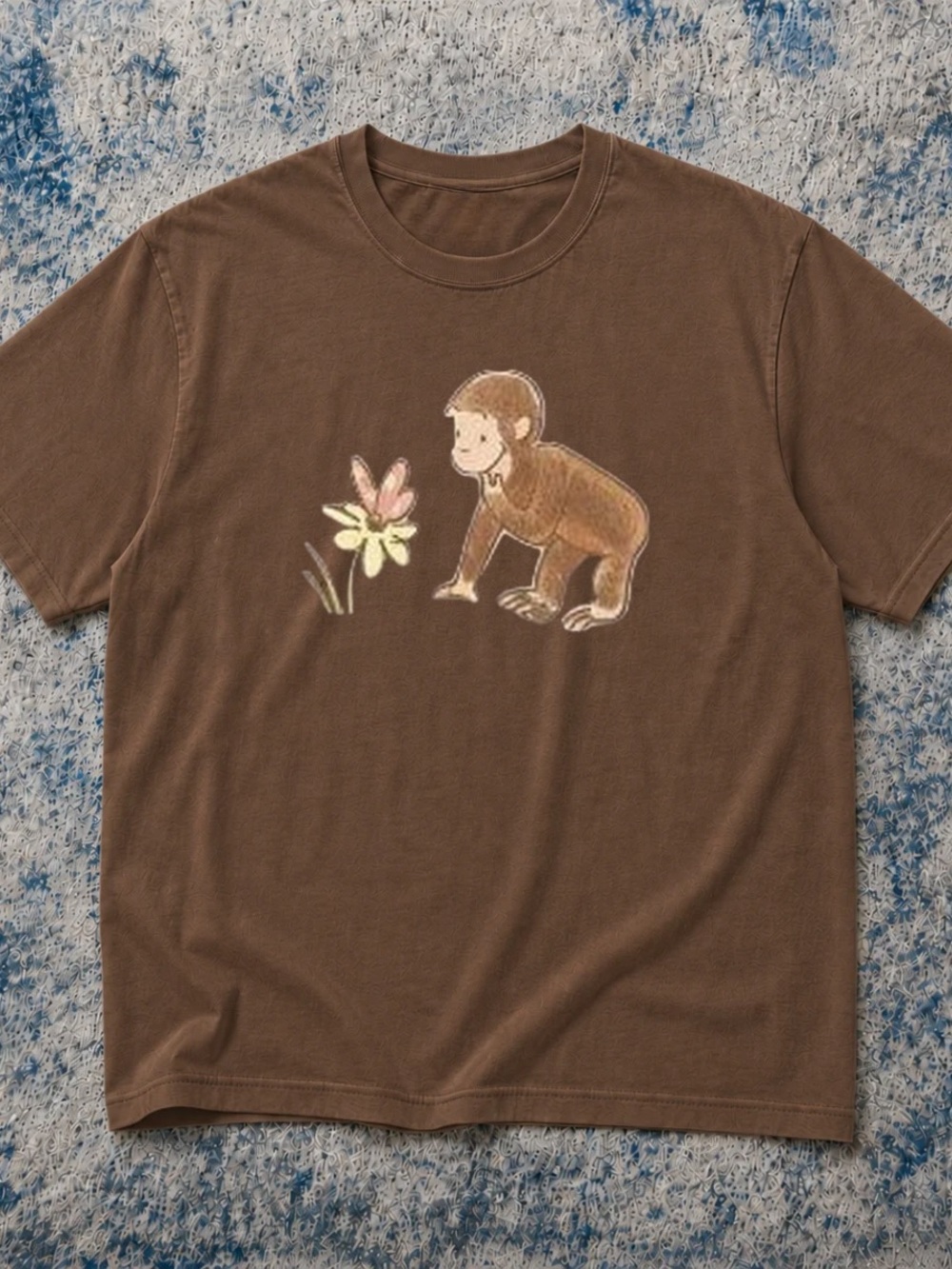 Gildan Brown Short Sleeve Tee with Monkey & Flower Graphic | Paul